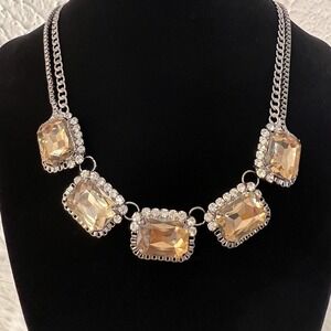 FAUX CITRINE RHINESTONE GLASS SILVER TONE CHOKER DOUBLE CHAIN NECKLACE 16.5"+ 3"